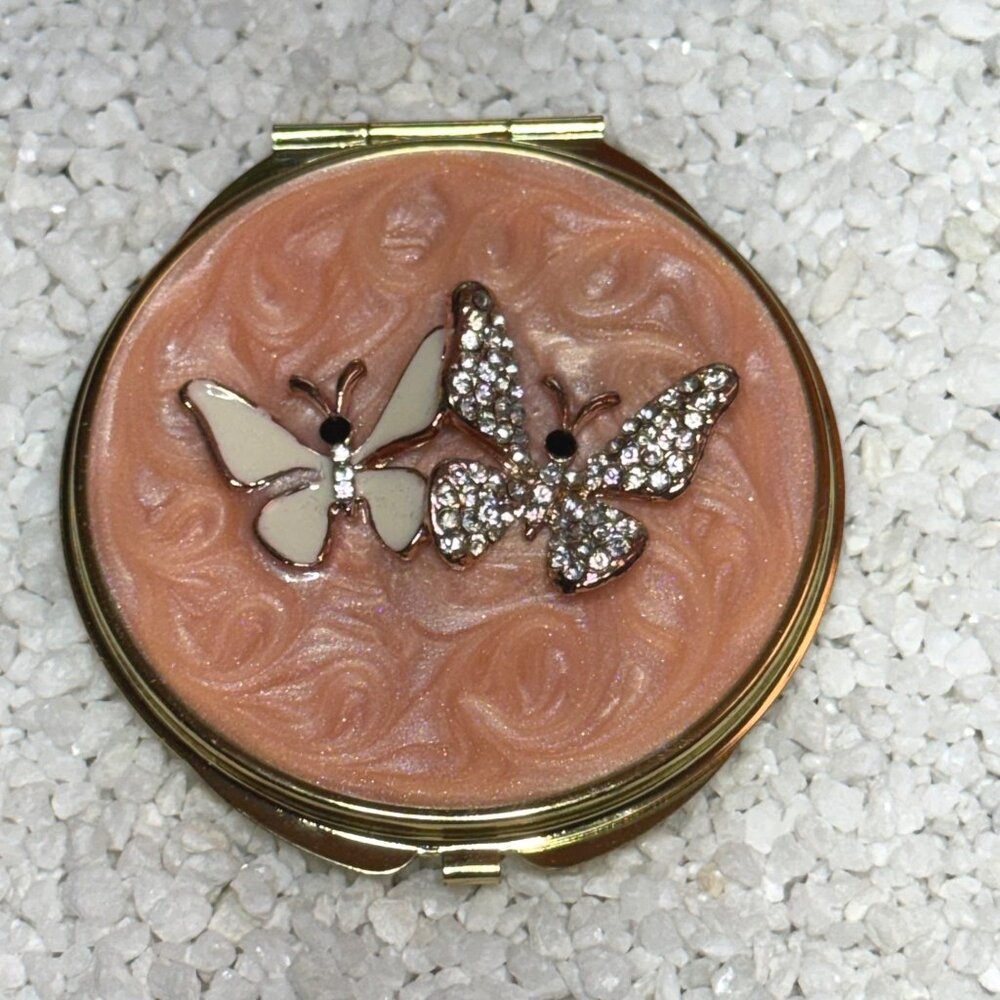 Enamel Butterfly Compact Mirror Pink Gold-Tone Rhinestone